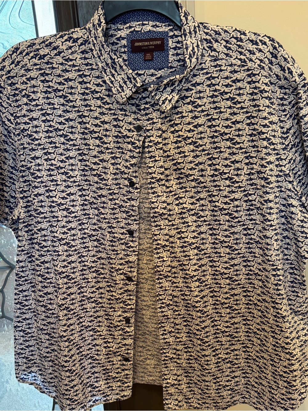 Johnston & Murphy Navy and White Shark-Pattern Short Sleeve Button-Down Shirt